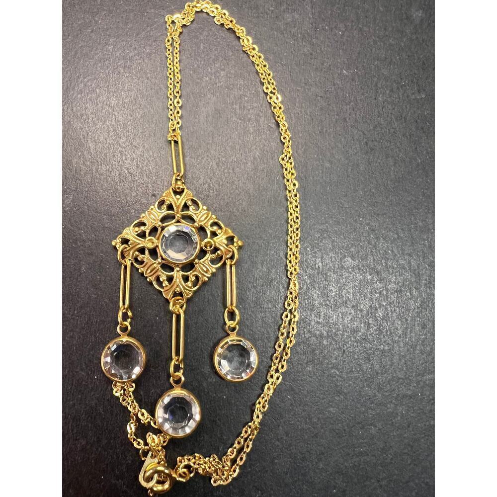 Vintage Victorian Revival Gold Tone Filigree Chandelier Necklace w/ Rivoli Glass